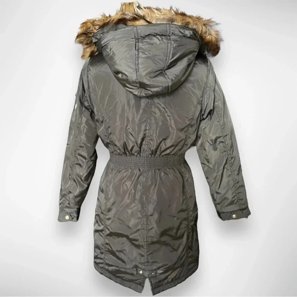 DKNY Girls Olive Green‎ Stadium Parka Cinched Waist Faux Fur Trim Large | NWT - Picture 4 of 14